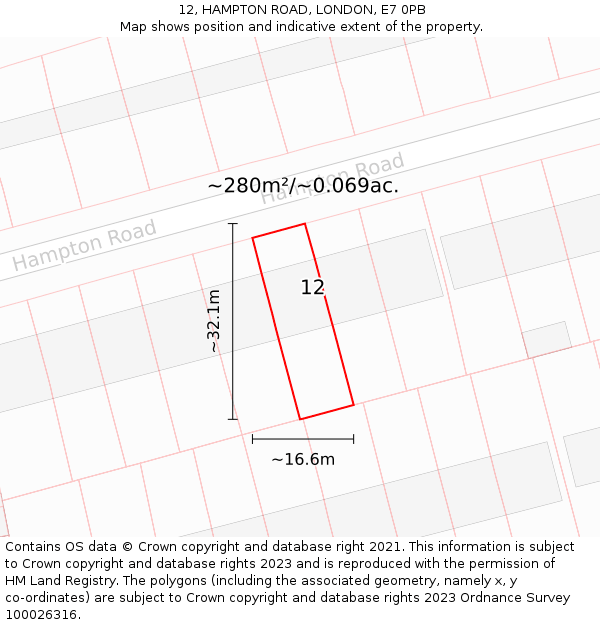 12, HAMPTON ROAD, LONDON, E7 0PB: Plot and title map