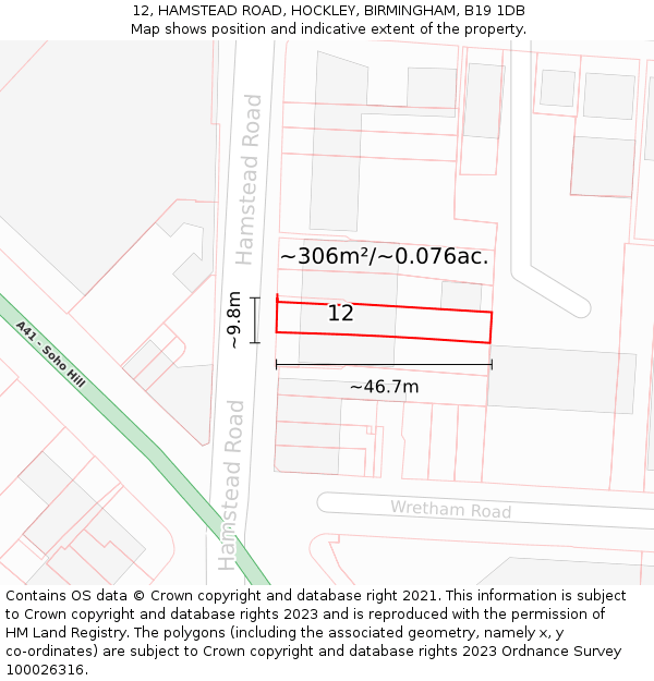 12, HAMSTEAD ROAD, HOCKLEY, BIRMINGHAM, B19 1DB: Plot and title map