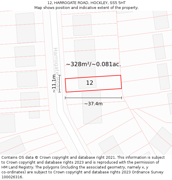 12, HARROGATE ROAD, HOCKLEY, SS5 5HT: Plot and title map