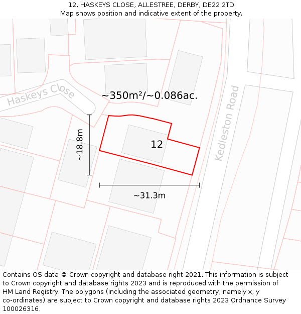 12, HASKEYS CLOSE, ALLESTREE, DERBY, DE22 2TD: Plot and title map