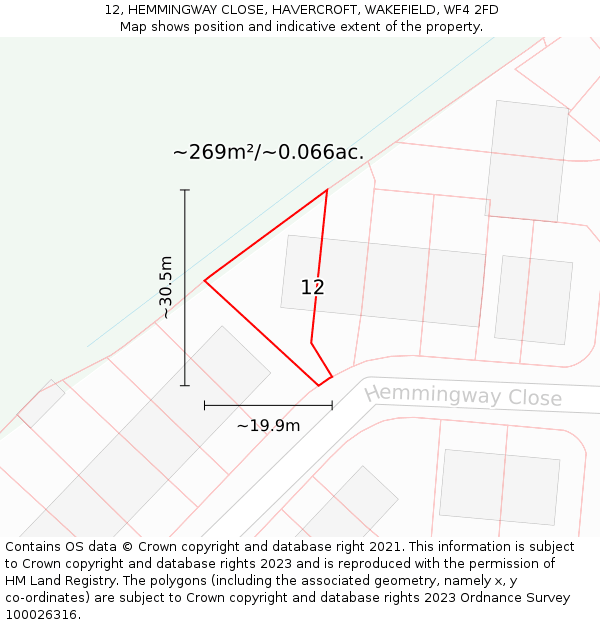 12, HEMMINGWAY CLOSE, HAVERCROFT, WAKEFIELD, WF4 2FD: Plot and title map