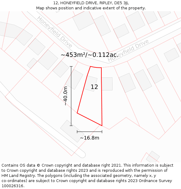 12, HONEYFIELD DRIVE, RIPLEY, DE5 3JL: Plot and title map