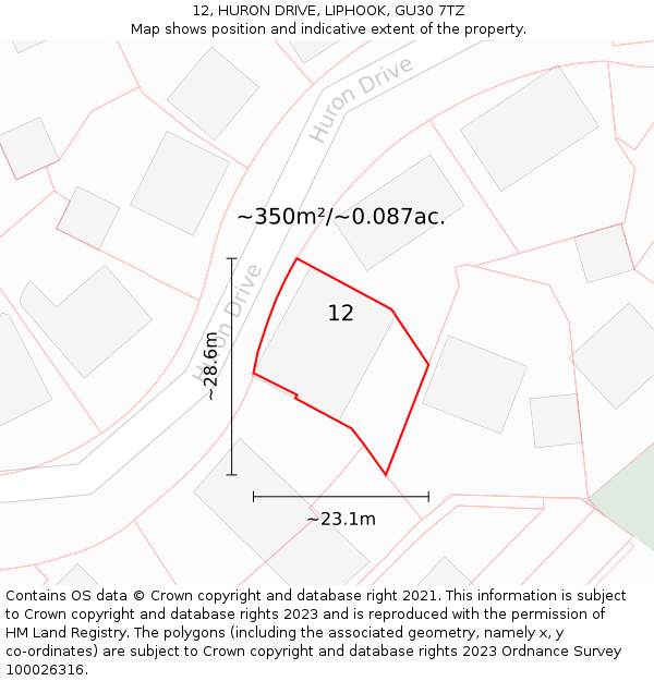 12, HURON DRIVE, LIPHOOK, GU30 7TZ: Plot and title map