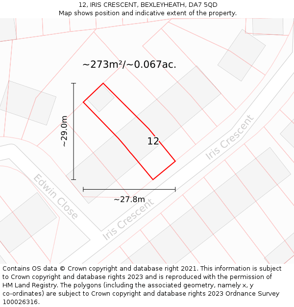 12, IRIS CRESCENT, BEXLEYHEATH, DA7 5QD: Plot and title map