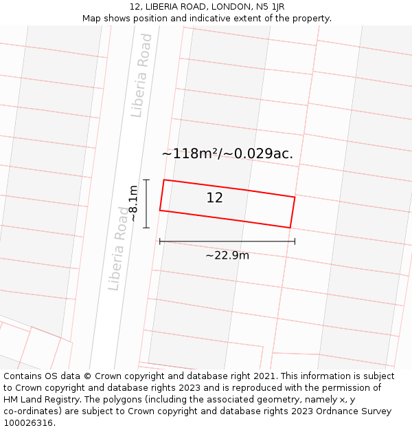 12, LIBERIA ROAD, LONDON, N5 1JR: Plot and title map