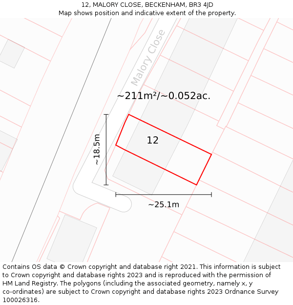 12, MALORY CLOSE, BECKENHAM, BR3 4JD: Plot and title map