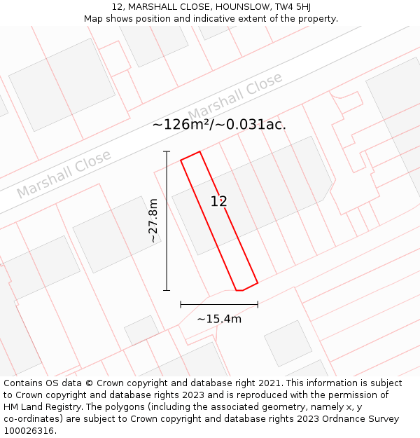 12, MARSHALL CLOSE, HOUNSLOW, TW4 5HJ: Plot and title map