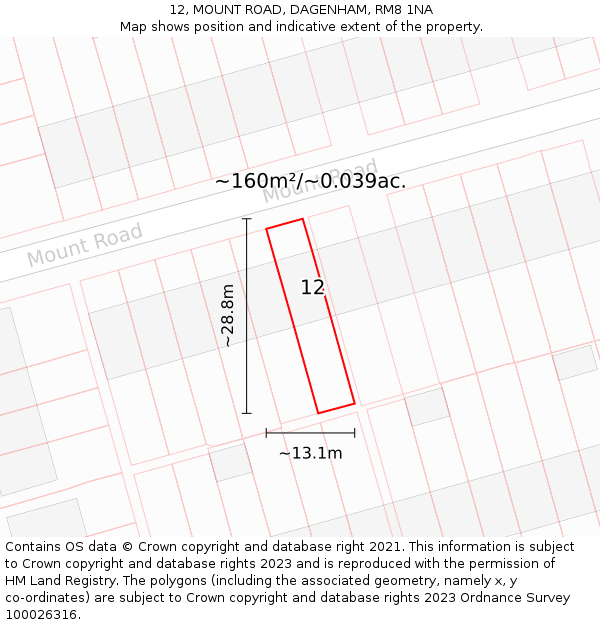 12, MOUNT ROAD, DAGENHAM, RM8 1NA: Plot and title map