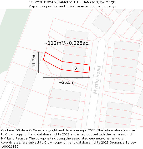 12, MYRTLE ROAD, HAMPTON HILL, HAMPTON, TW12 1QE: Plot and title map