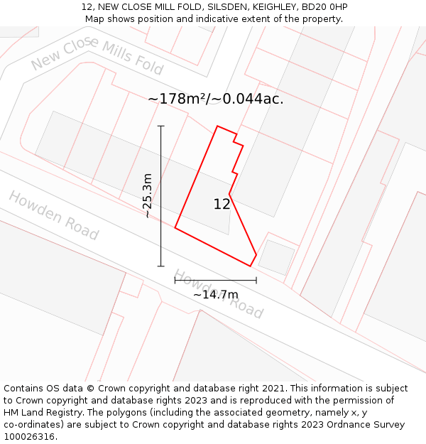 12, NEW CLOSE MILL FOLD, SILSDEN, KEIGHLEY, BD20 0HP: Plot and title map