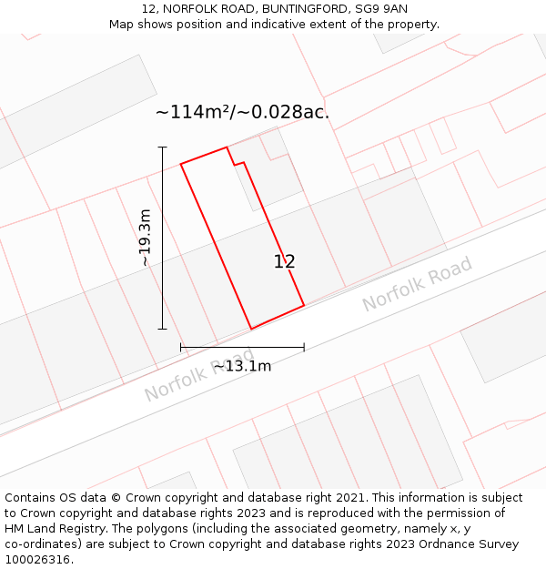 12, NORFOLK ROAD, BUNTINGFORD, SG9 9AN: Plot and title map