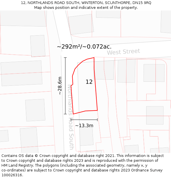 12, NORTHLANDS ROAD SOUTH, WINTERTON, SCUNTHORPE, DN15 9RQ: Plot and title map