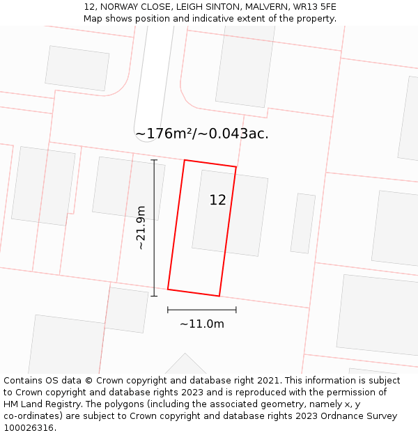 12, NORWAY CLOSE, LEIGH SINTON, MALVERN, WR13 5FE: Plot and title map