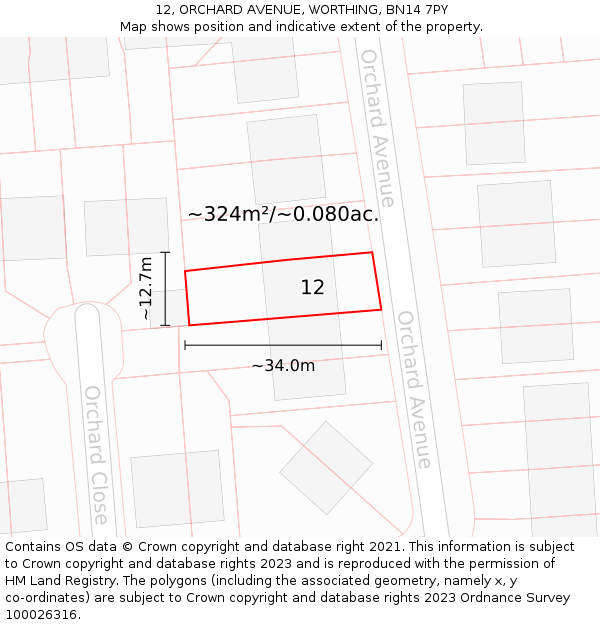 12, ORCHARD AVENUE, WORTHING, BN14 7PY: Plot and title map
