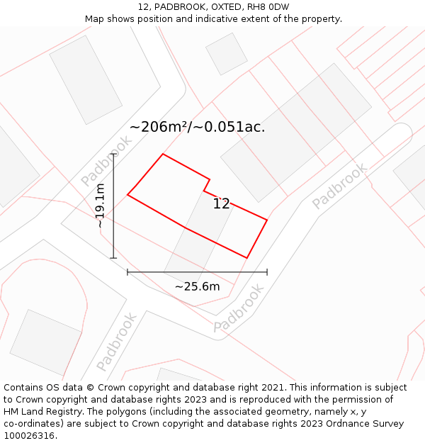 12, PADBROOK, OXTED, RH8 0DW: Plot and title map