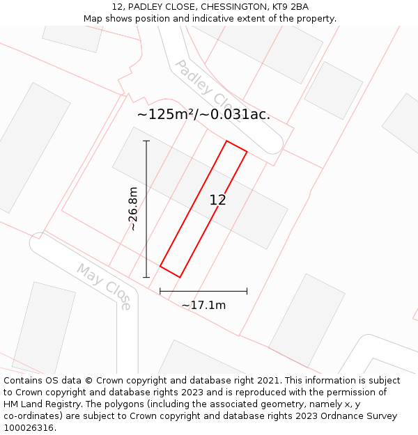 12, PADLEY CLOSE, CHESSINGTON, KT9 2BA: Plot and title map