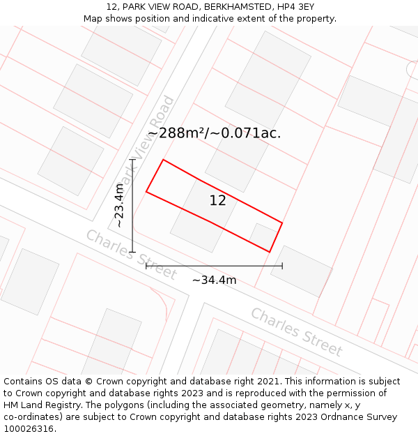 12, PARK VIEW ROAD, BERKHAMSTED, HP4 3EY: Plot and title map