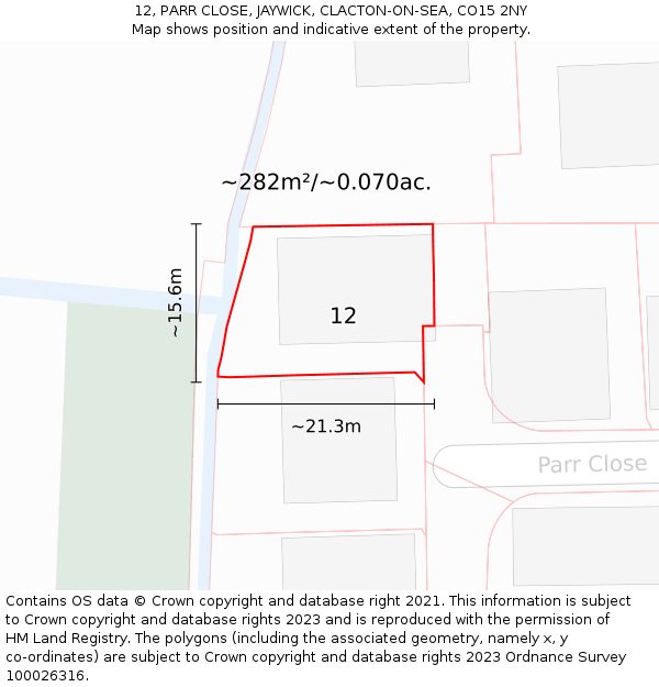 12, PARR CLOSE, JAYWICK, CLACTON-ON-SEA, CO15 2NY: Plot and title map