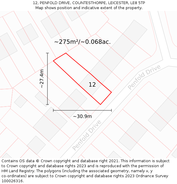 12, PENFOLD DRIVE, COUNTESTHORPE, LEICESTER, LE8 5TP: Plot and title map
