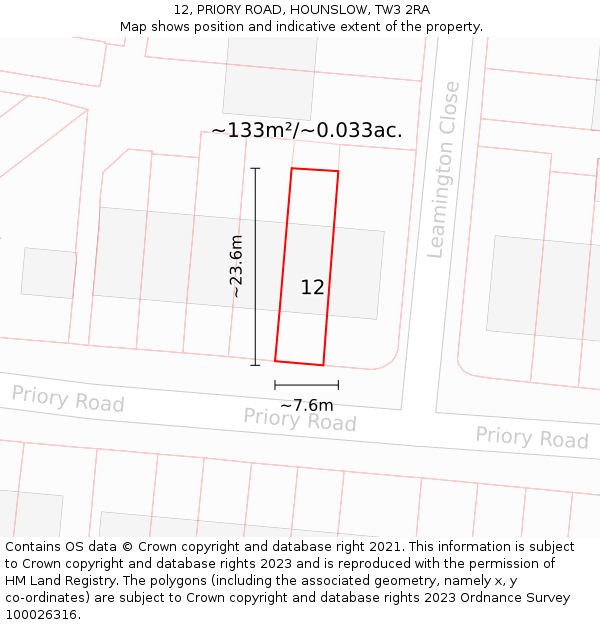 12, PRIORY ROAD, HOUNSLOW, TW3 2RA: Plot and title map