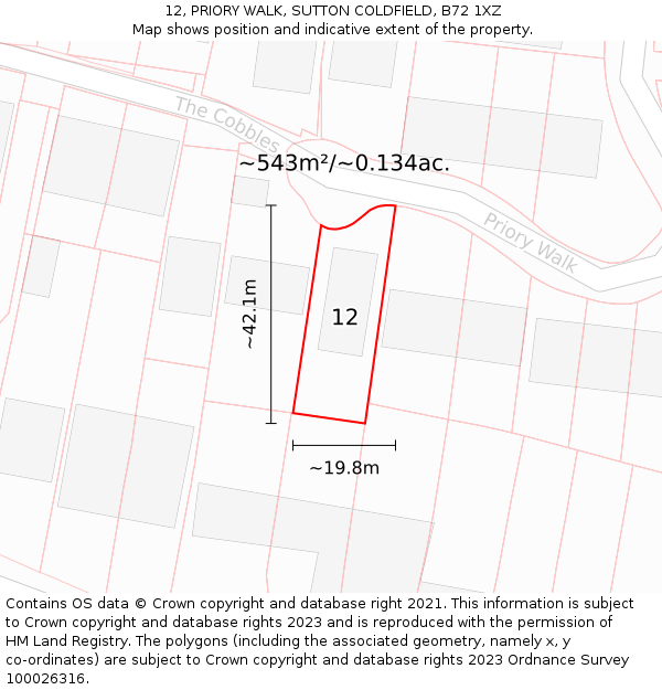 12, PRIORY WALK, SUTTON COLDFIELD, B72 1XZ: Plot and title map