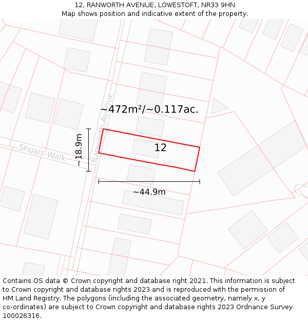 12, RANWORTH AVENUE, LOWESTOFT, NR33 9HN: Plot and title map