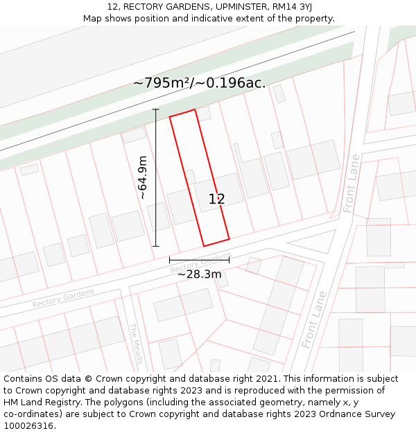 12, RECTORY GARDENS, UPMINSTER, RM14 3YJ: Plot and title map