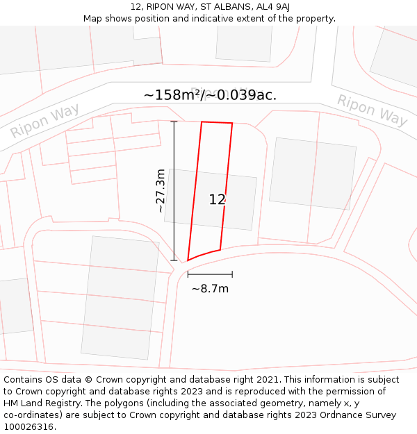 12, RIPON WAY, ST ALBANS, AL4 9AJ: Plot and title map