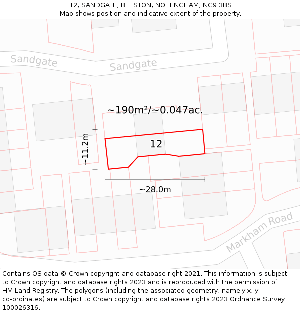 12, SANDGATE, BEESTON, NOTTINGHAM, NG9 3BS: Plot and title map