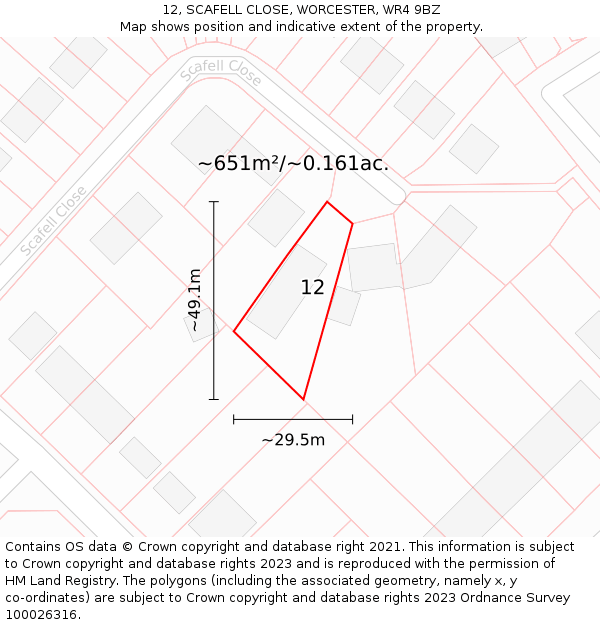 12, SCAFELL CLOSE, WORCESTER, WR4 9BZ: Plot and title map