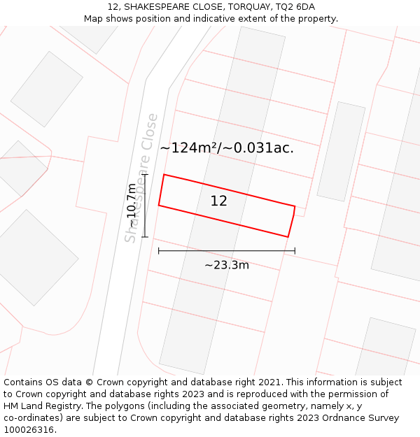 12, SHAKESPEARE CLOSE, TORQUAY, TQ2 6DA: Plot and title map