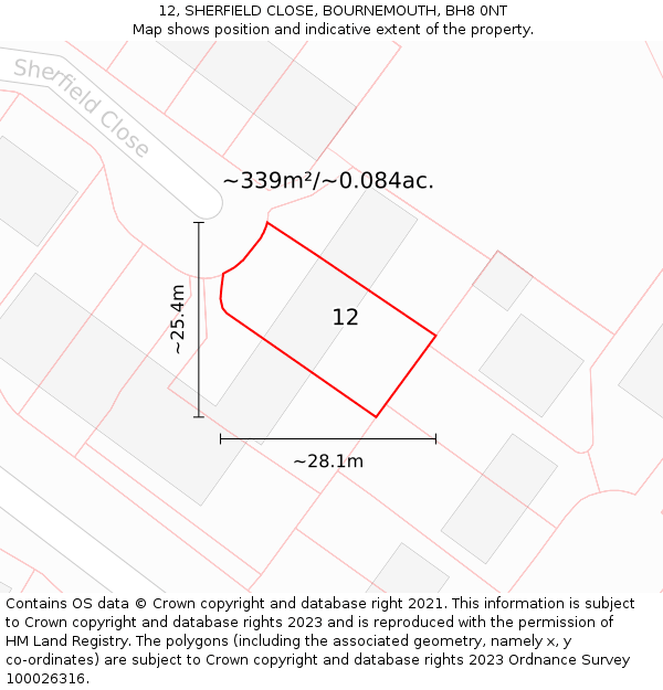 12, SHERFIELD CLOSE, BOURNEMOUTH, BH8 0NT: Plot and title map