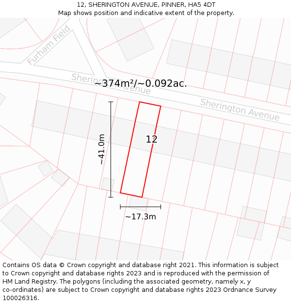 12, SHERINGTON AVENUE, PINNER, HA5 4DT: Plot and title map