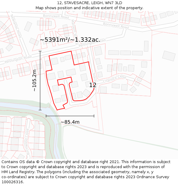 12, STAVESACRE, LEIGH, WN7 3LD: Plot and title map