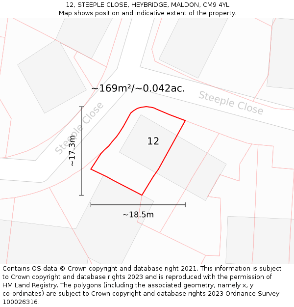 12, STEEPLE CLOSE, HEYBRIDGE, MALDON, CM9 4YL: Plot and title map