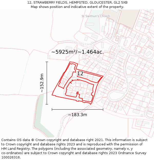 12, STRAWBERRY FIELDS, HEMPSTED, GLOUCESTER, GL2 5XB: Plot and title map