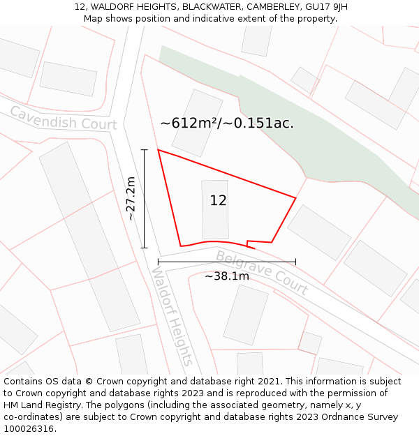 12, WALDORF HEIGHTS, BLACKWATER, CAMBERLEY, GU17 9JH: Plot and title map