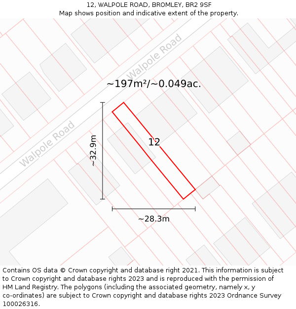 12, WALPOLE ROAD, BROMLEY, BR2 9SF: Plot and title map