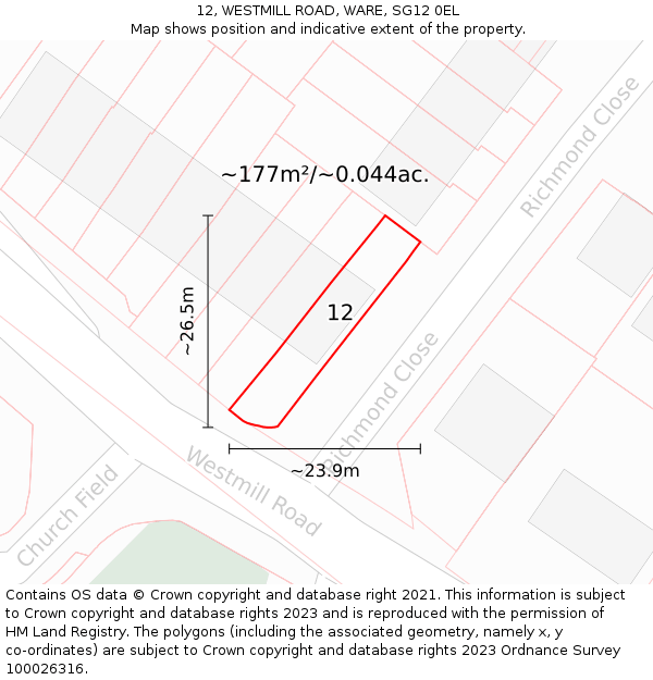 12, WESTMILL ROAD, WARE, SG12 0EL: Plot and title map