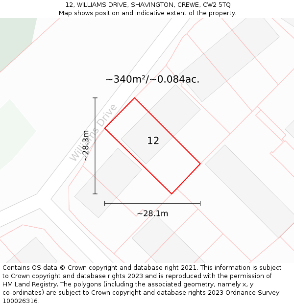 12, WILLIAMS DRIVE, SHAVINGTON, CREWE, CW2 5TQ: Plot and title map