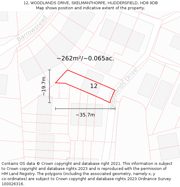 12, WOODLANDS DRIVE, SKELMANTHORPE, HUDDERSFIELD, HD8 9DB: Plot and title map