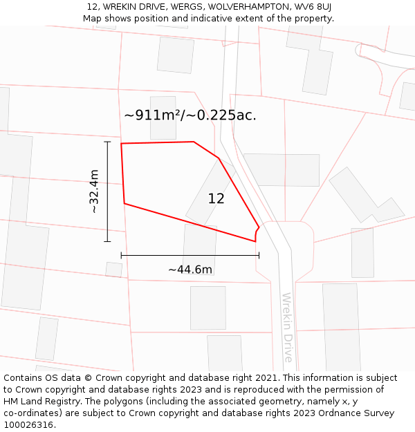 12, WREKIN DRIVE, WERGS, WOLVERHAMPTON, WV6 8UJ: Plot and title map