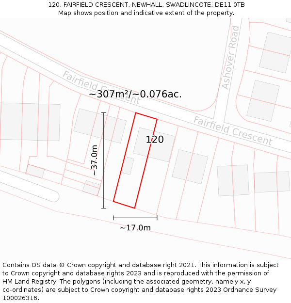 120, FAIRFIELD CRESCENT, NEWHALL, SWADLINCOTE, DE11 0TB: Plot and title map
