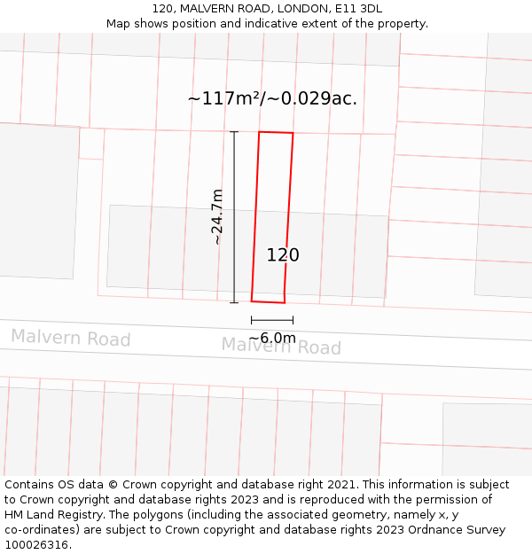 120, MALVERN ROAD, LONDON, E11 3DL: Plot and title map