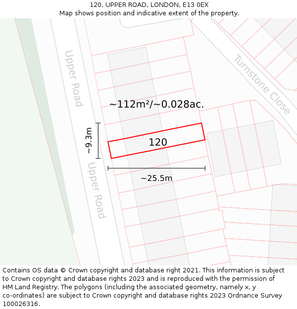 120, UPPER ROAD, LONDON, E13 0EX: Plot and title map