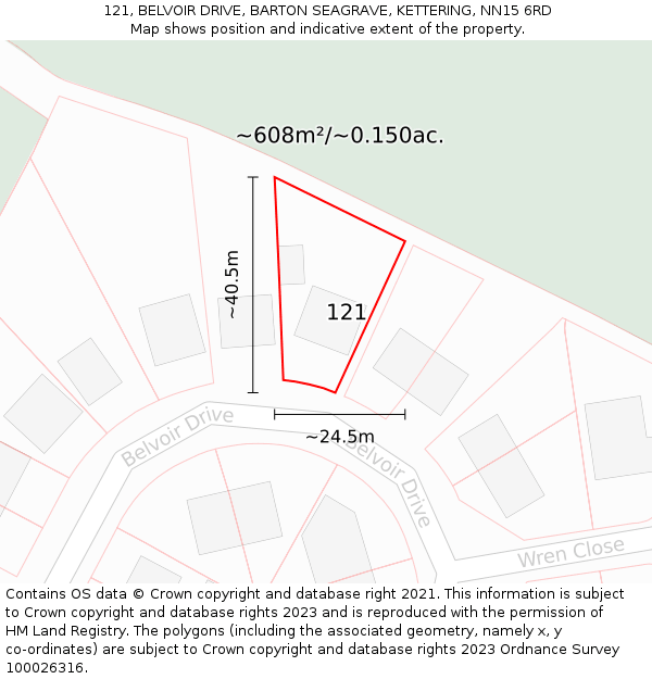 121, BELVOIR DRIVE, BARTON SEAGRAVE, KETTERING, NN15 6RD: Plot and title map