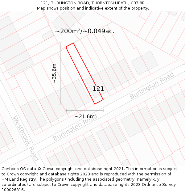 121, BURLINGTON ROAD, THORNTON HEATH, CR7 8PJ: Plot and title map