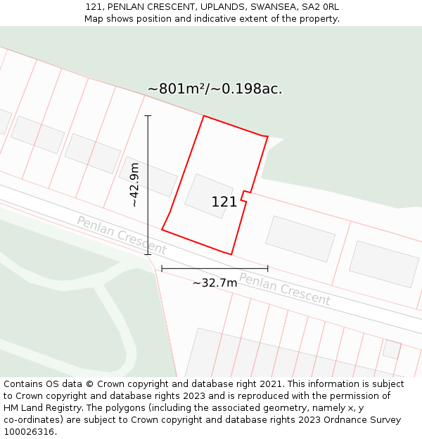 121, PENLAN CRESCENT, UPLANDS, SWANSEA, SA2 0RL: Plot and title map