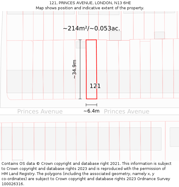121, PRINCES AVENUE, LONDON, N13 6HE: Plot and title map