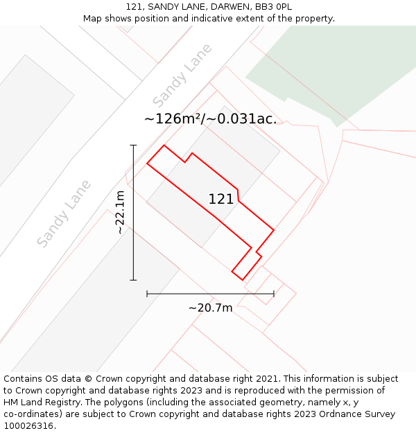 121, SANDY LANE, DARWEN, BB3 0PL: Plot and title map